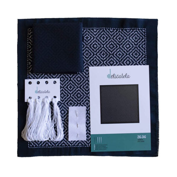 Sashiko | Kit de bordado Japonés | Diseño ZigZag | Color Azul índigo