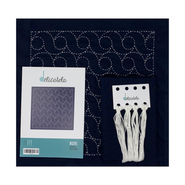 Sashiko | Kit de bordado Japonés | Diseño Rizos | Color Azul índigo