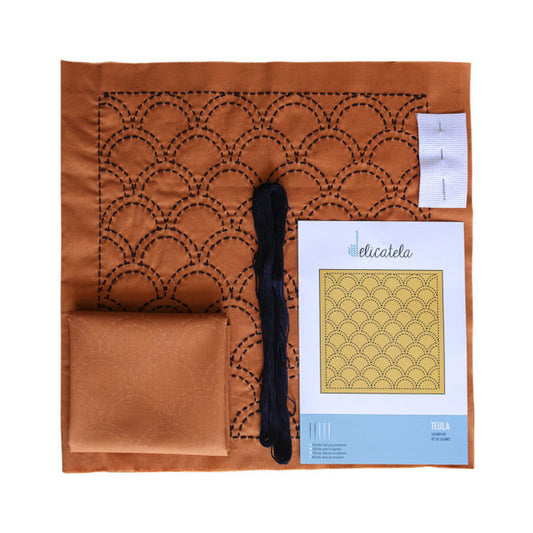 Sashiko | Kit de bordado Japonés | Diseño Olas | Color Teja