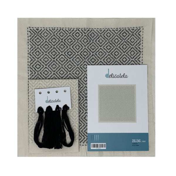 Sashiko | Kit de bordado Japonés | Diseño ZigZag | Color Beige