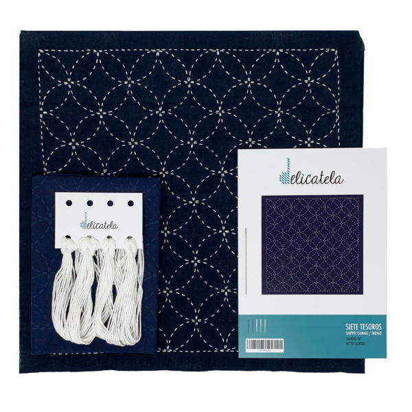 Sashiko | Kit de bordado Japonés | Diseño Siete Tesoros | Color Azul índigo