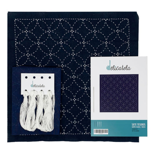 Sashiko | Kit de bordado Japonés | Diseño Siete Tesoros | Color Azul índigo