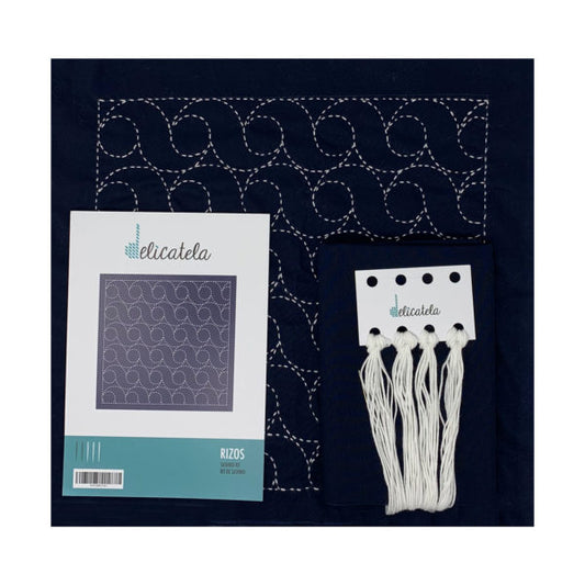 Sashiko | Kit de bordado Japonés | Diseño Rizos | Color Azul índigo